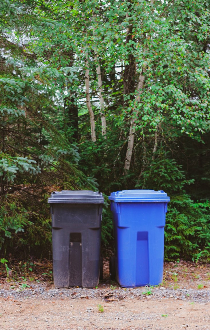 A clean black refuse container and blue recycling container standing at the edge of a residential driveway.