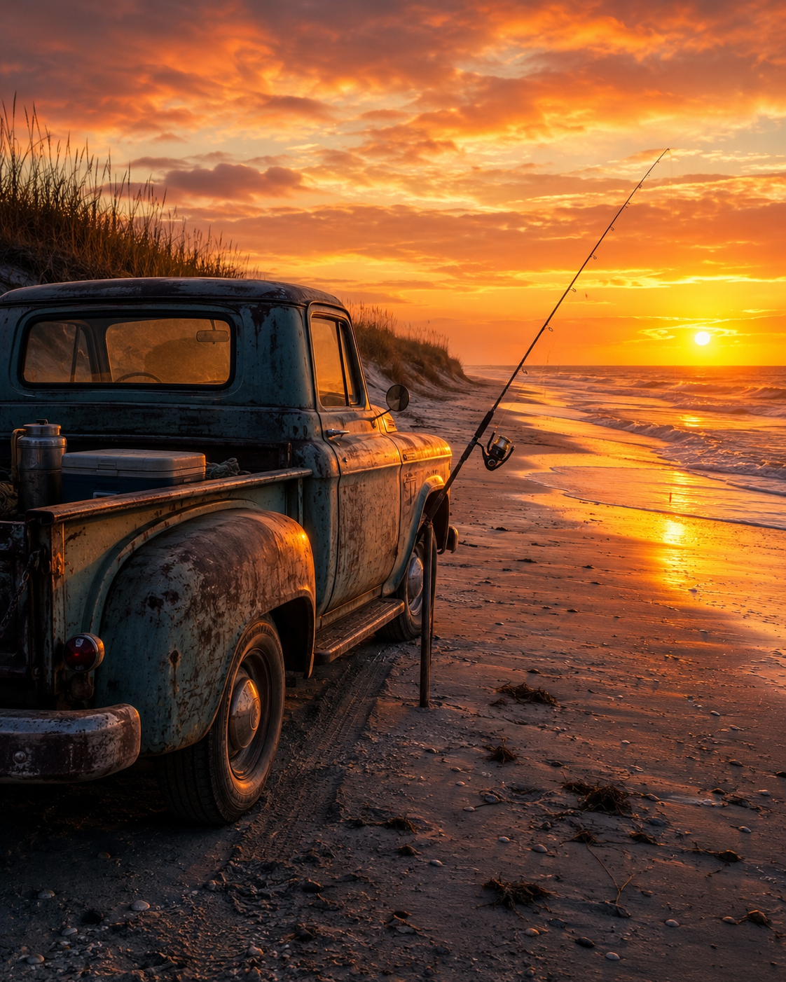 Surf fishing vintage pickup beach sunset printable wall art
